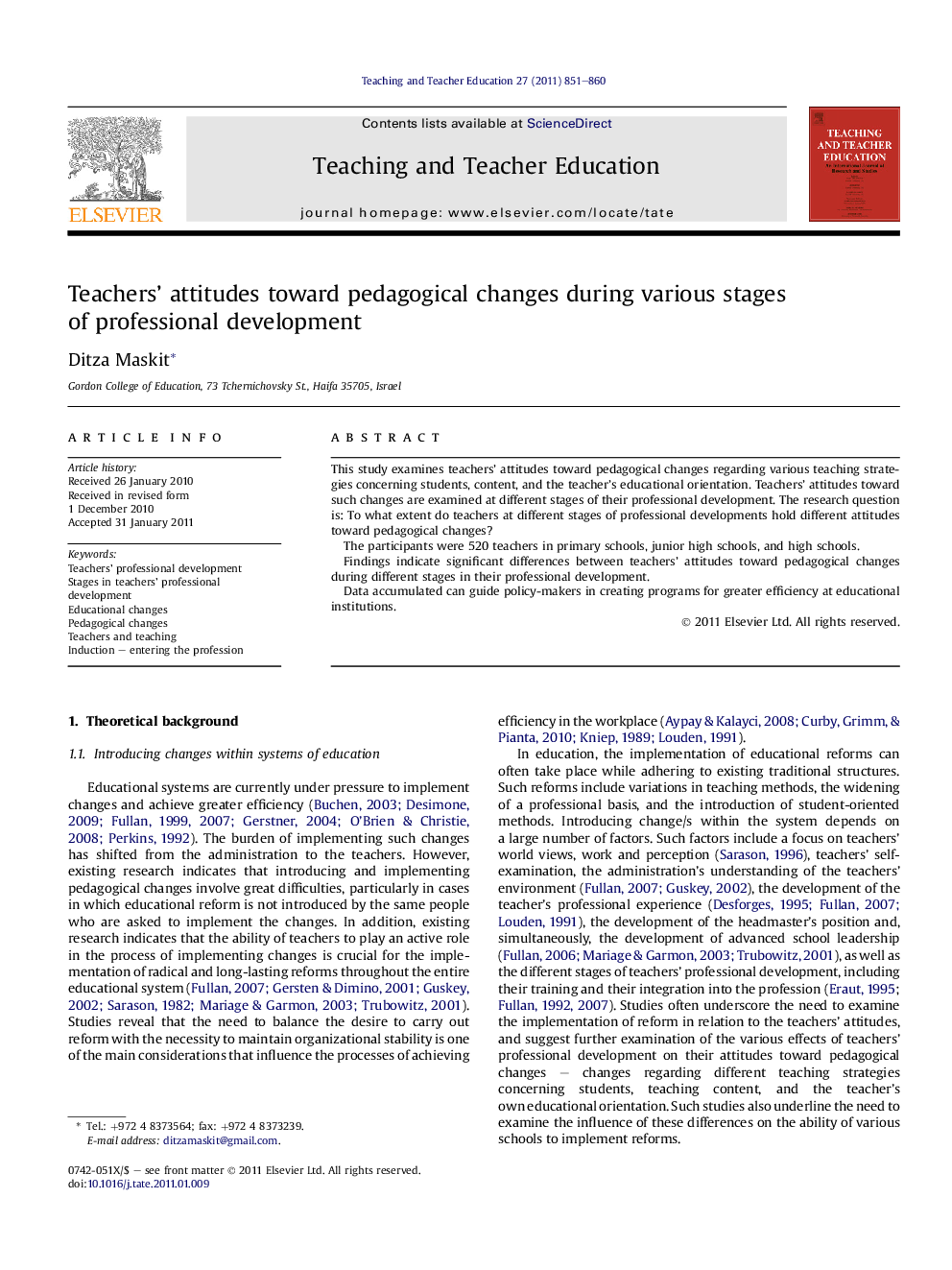 عکس صفحه اول مقاله: Teachers’ attitudes toward pedagogical changes during various stages of professional development Teachers’ attitudes toward pedagogical changes during various stages of professional development