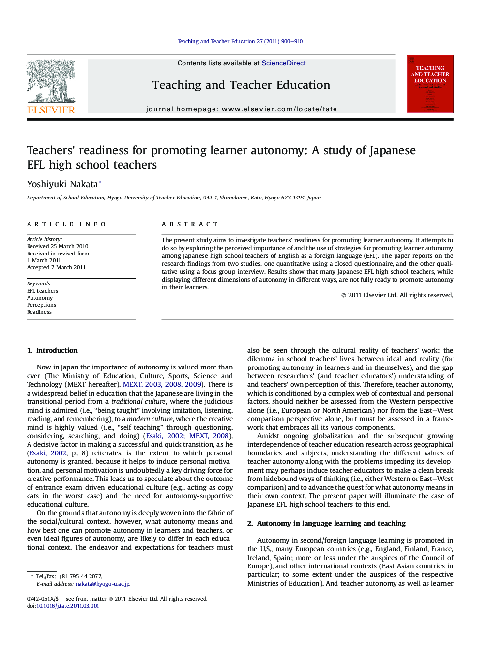 Teachers’ readiness for promoting learner autonomy: A study of Japanese EFL high school teachers