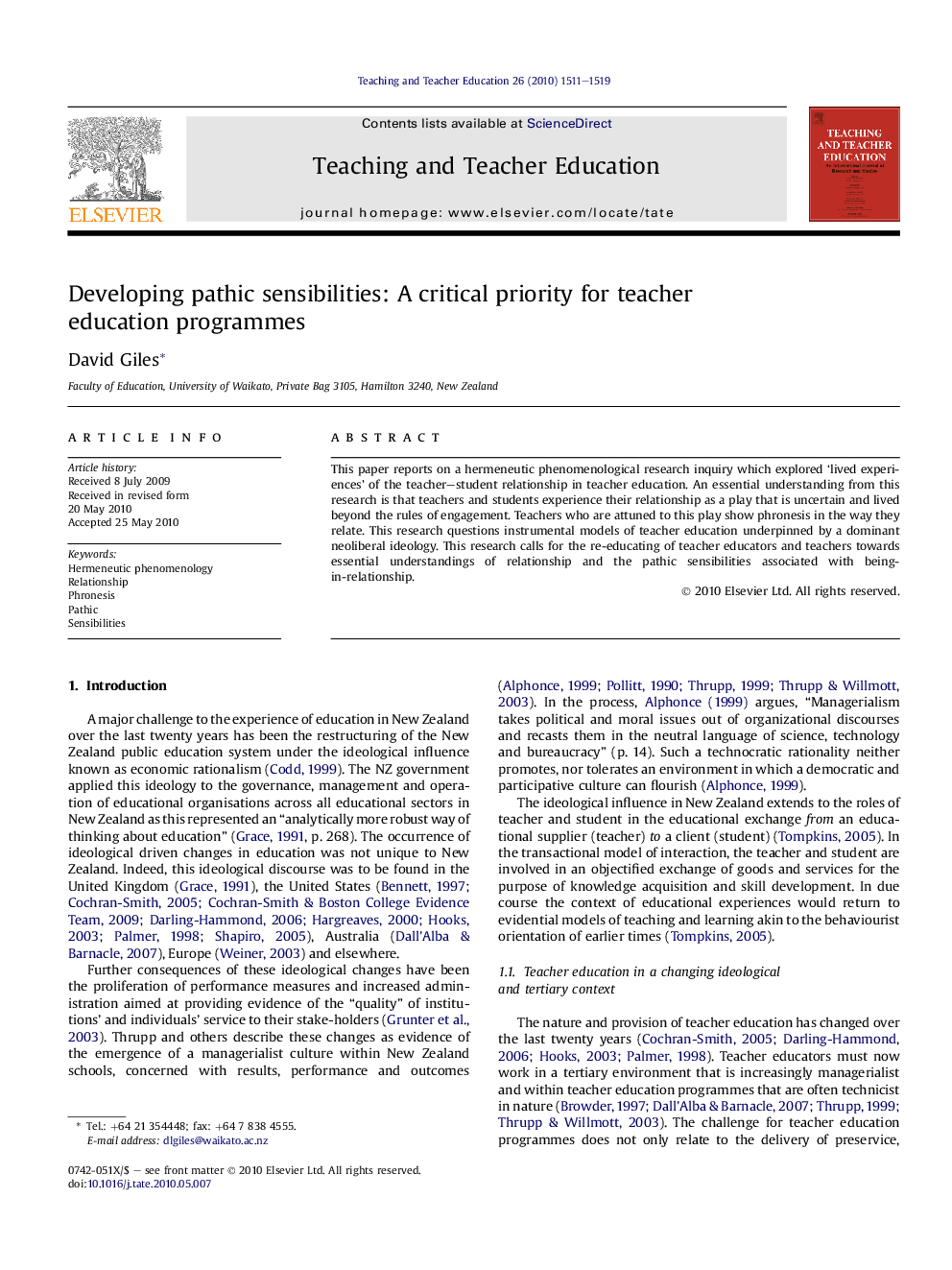 Developing pathic sensibilities: A critical priority for teacher education programmes