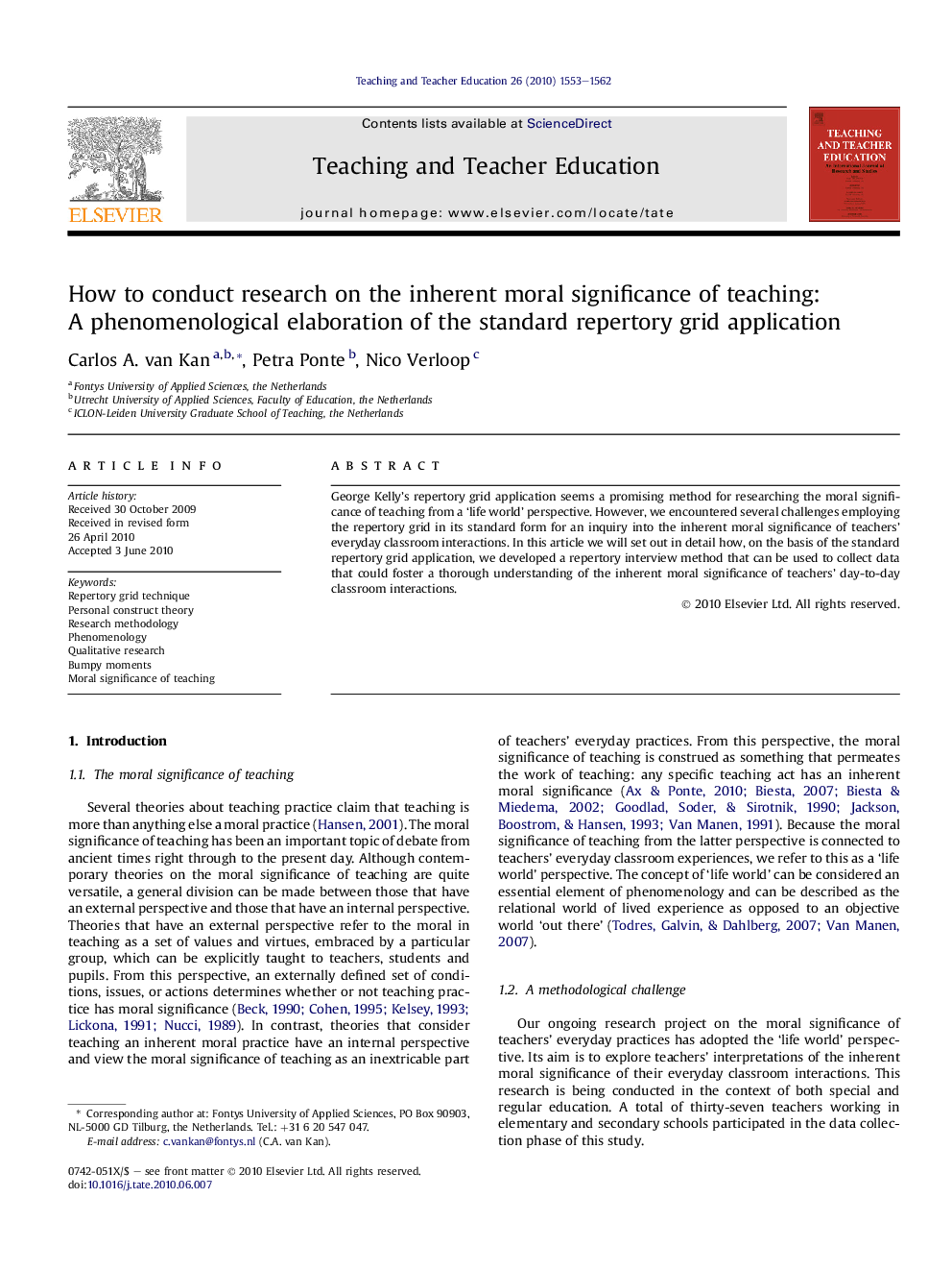 How to conduct research on the inherent moral significance of teaching: A phenomenological elaboration of the standard repertory grid application