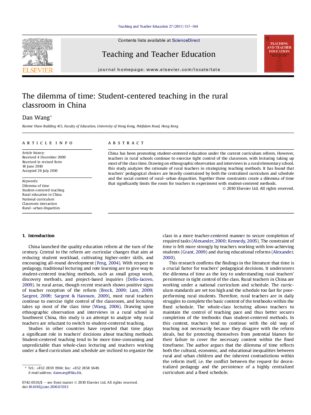 عکس صفحه اول مقاله: The dilemma of time: Student-centered teaching in the rural classroom in China The dilemma of time: Student-centered teaching in the rural classroom in China