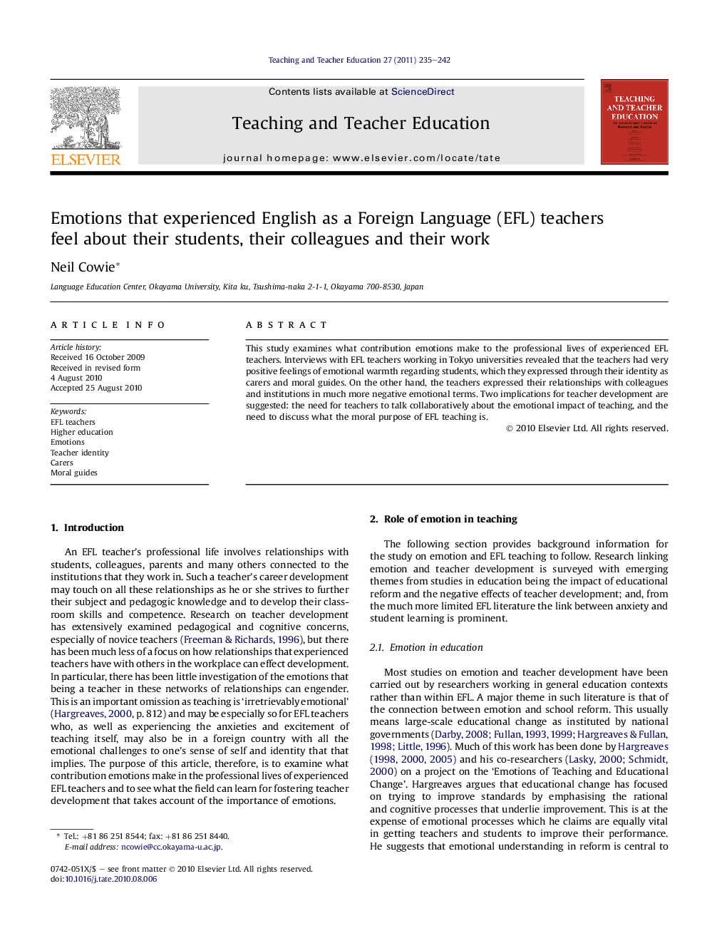 Emotions that experienced English as a Foreign Language (EFL) teachers feel about their students, their colleagues and their work