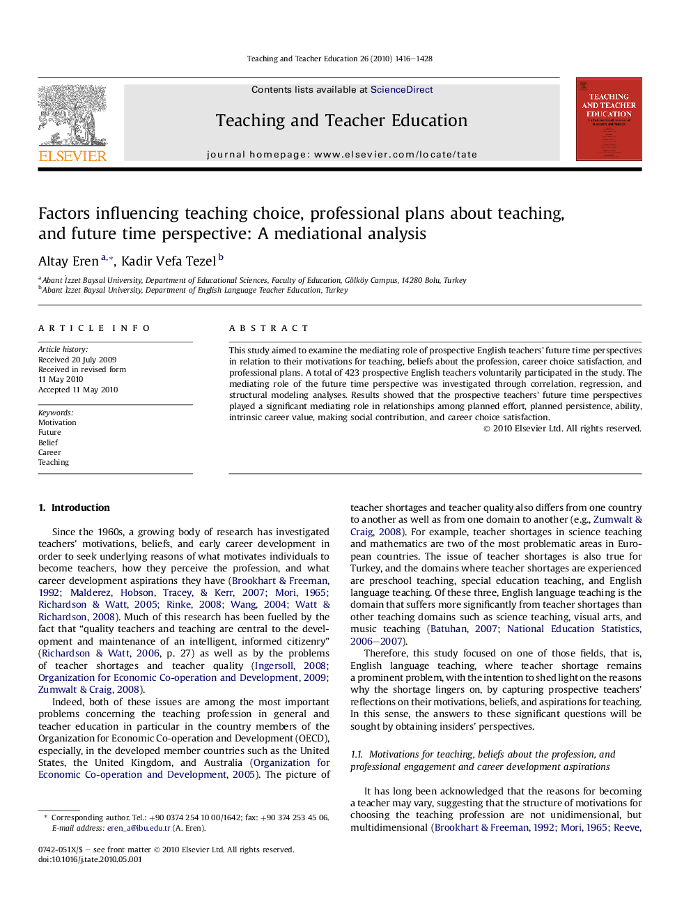 Factors influencing teaching choice, professional plans about teaching, and future time perspective: A mediational analysis