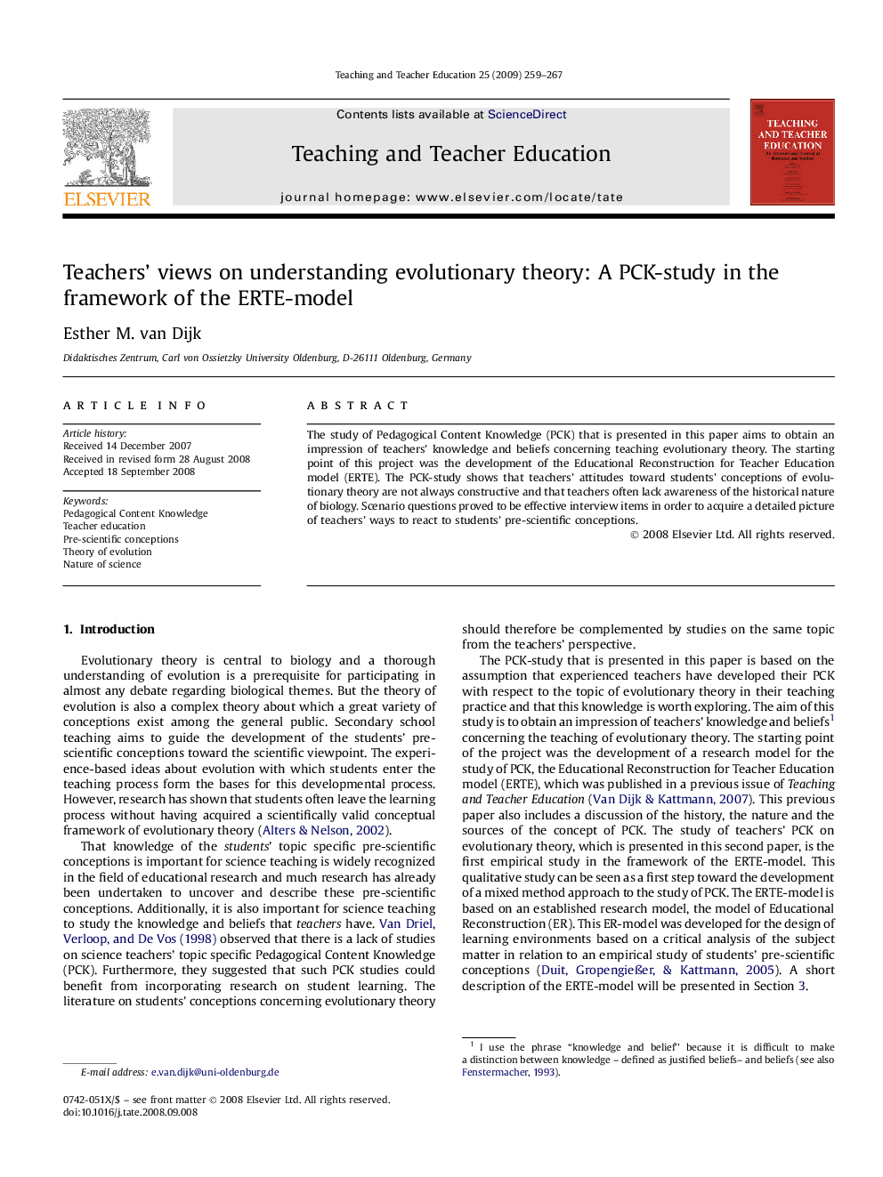 Teachers' views on understanding evolutionary theory: A PCK-study in the framework of the ERTE-model