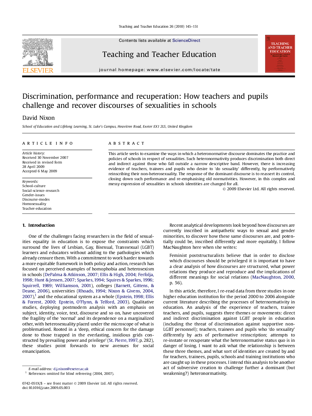Discrimination, performance and recuperation: How teachers and pupils challenge and recover discourses of sexualities in schools