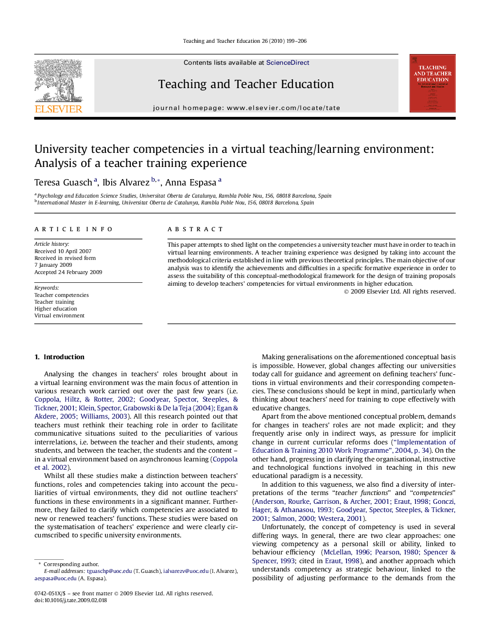 University teacher competencies in a virtual teaching/learning environment: Analysis of a teacher training experience