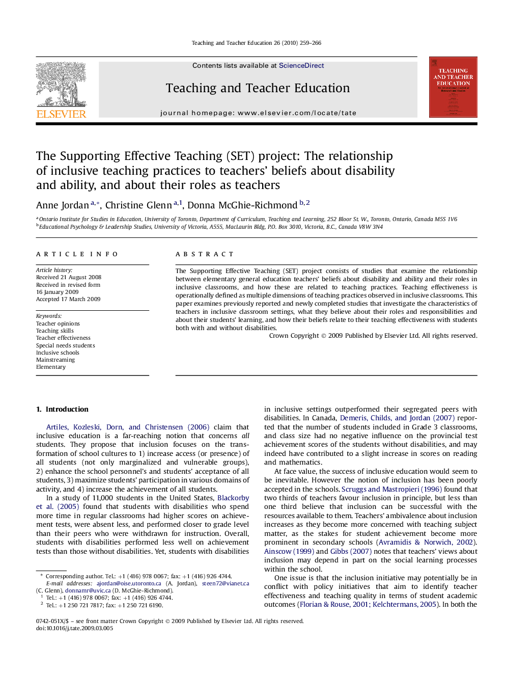 The Supporting Effective Teaching (SET) project: The relationship of inclusive teaching practices to teachers' beliefs about disability and ability, and about their roles as teachers