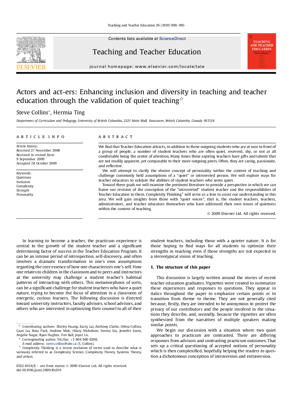 عکس صفحه اول مقاله: Actors and act-ers: Enhancing inclusion and diversity in teaching and teacher education through the validation of quiet teaching Actors and act-ers: Enhancing inclusion and diversity in teaching and teacher education through the validation of quiet teaching