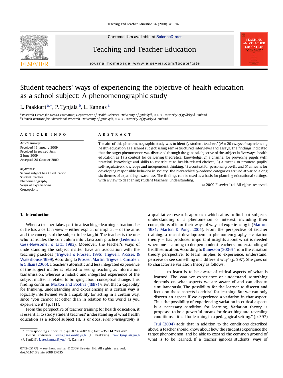 Student teachers' ways of experiencing the objective of health education as a school subject: A phenomenographic study