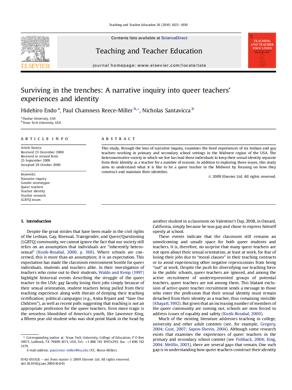 عکس صفحه اول مقاله: Surviving in the trenches: A narrative inquiry into queer teachers’ experiences and identity Surviving in the trenches: A narrative inquiry into queer teachers’ experiences and identity