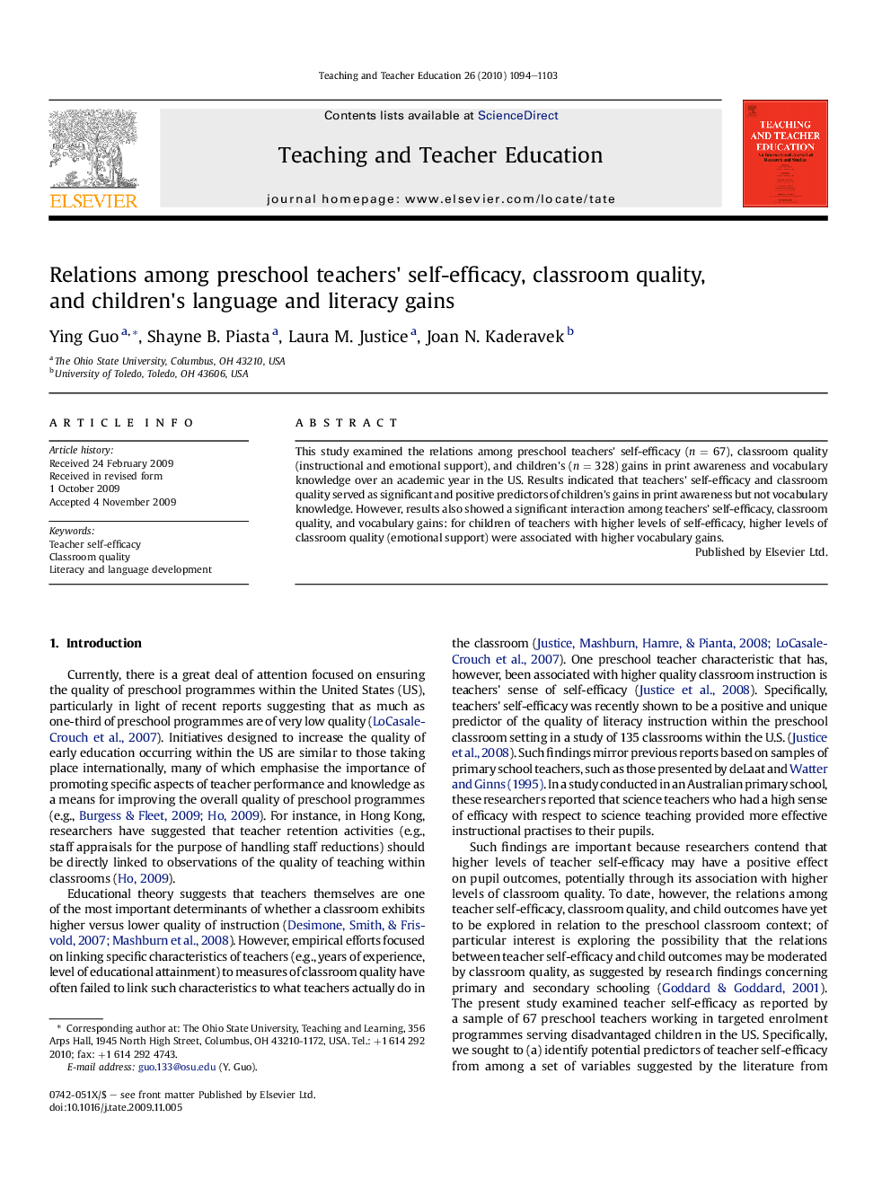 Relations among preschool teachers' self-efficacy, classroom quality, and children's language and literacy gains