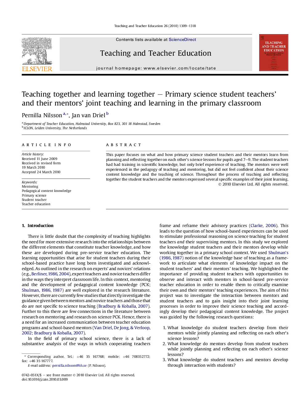 Teaching together and learning together – Primary science student teachers’ and their mentors’ joint teaching and learning in the primary classroom