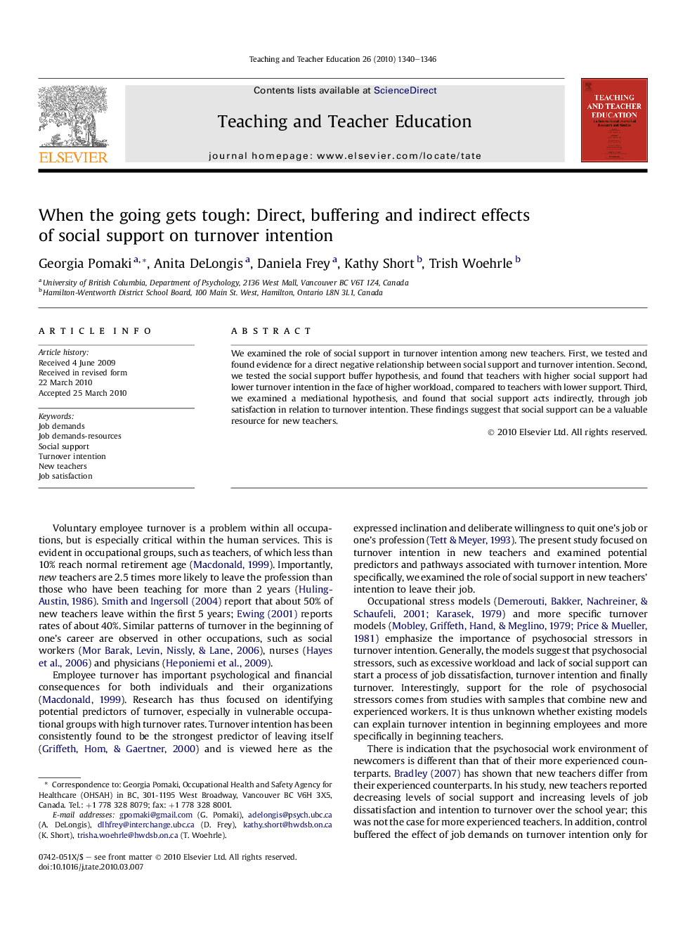 When the going gets tough: Direct, buffering and indirect effects of social support on turnover intention