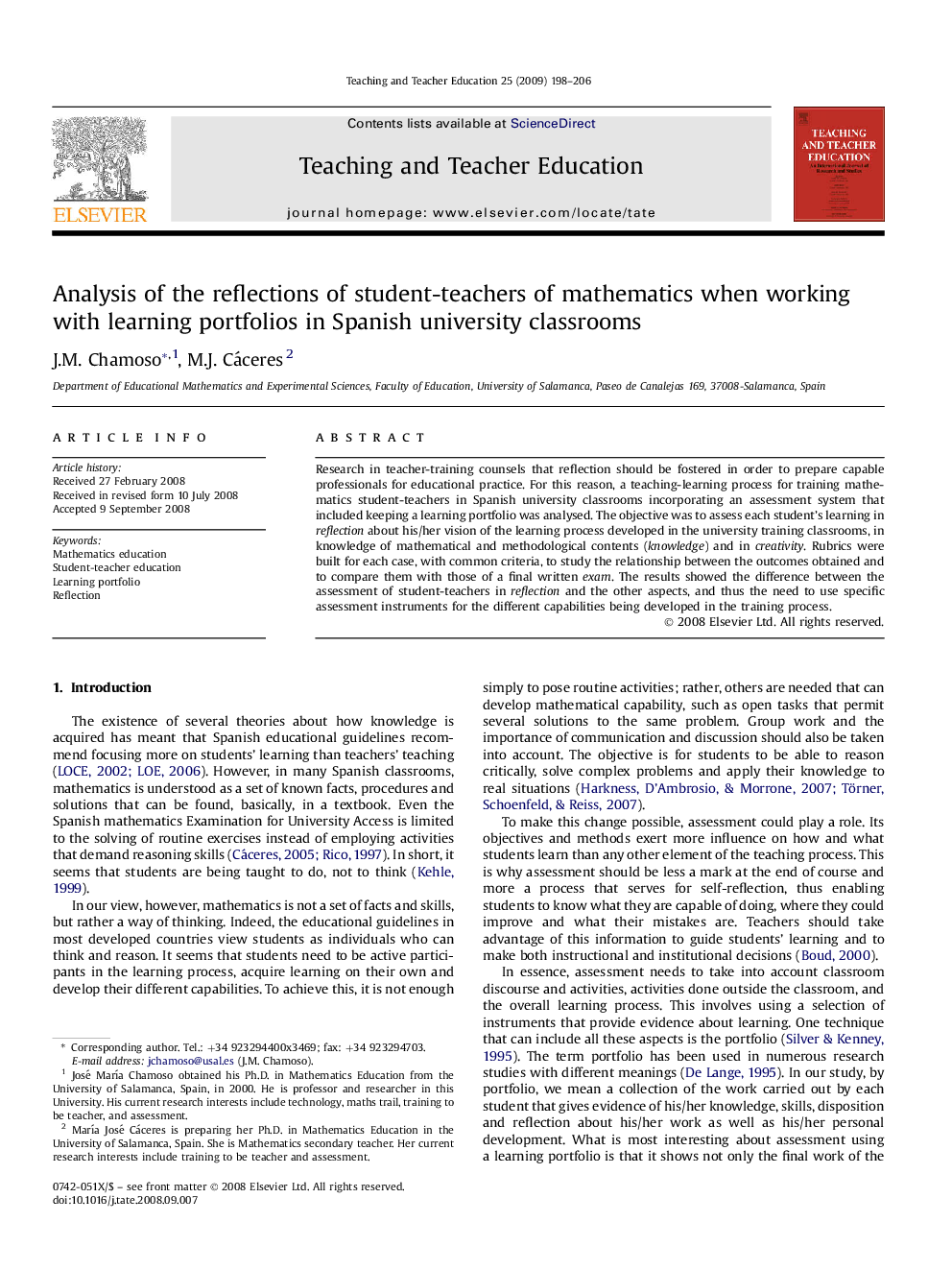 Analysis of the reflections of student-teachers of mathematics when working with learning portfolios in Spanish university classrooms