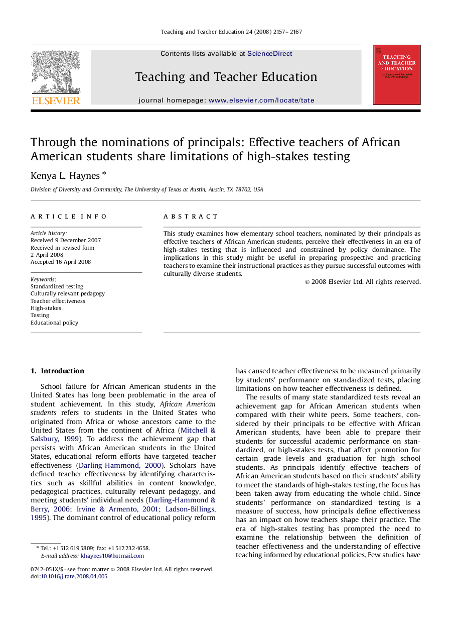 Through the nominations of principals: Effective teachers of African American students share limitations of high-stakes testing