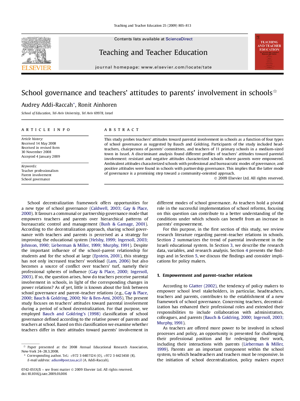 School governance and teachers' attitudes to parents' involvement in schools 