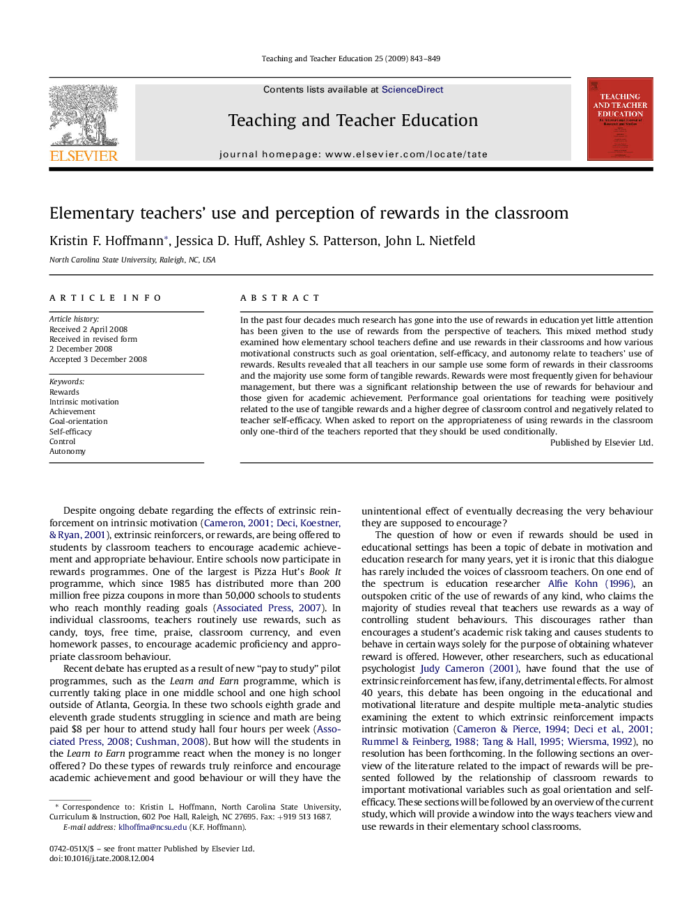 Elementary teachers' use and perception of rewards in the classroom