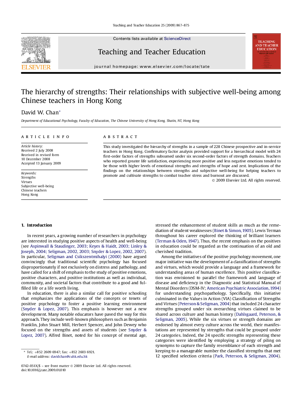 The hierarchy of strengths: Their relationships with subjective well-being among Chinese teachers in Hong Kong