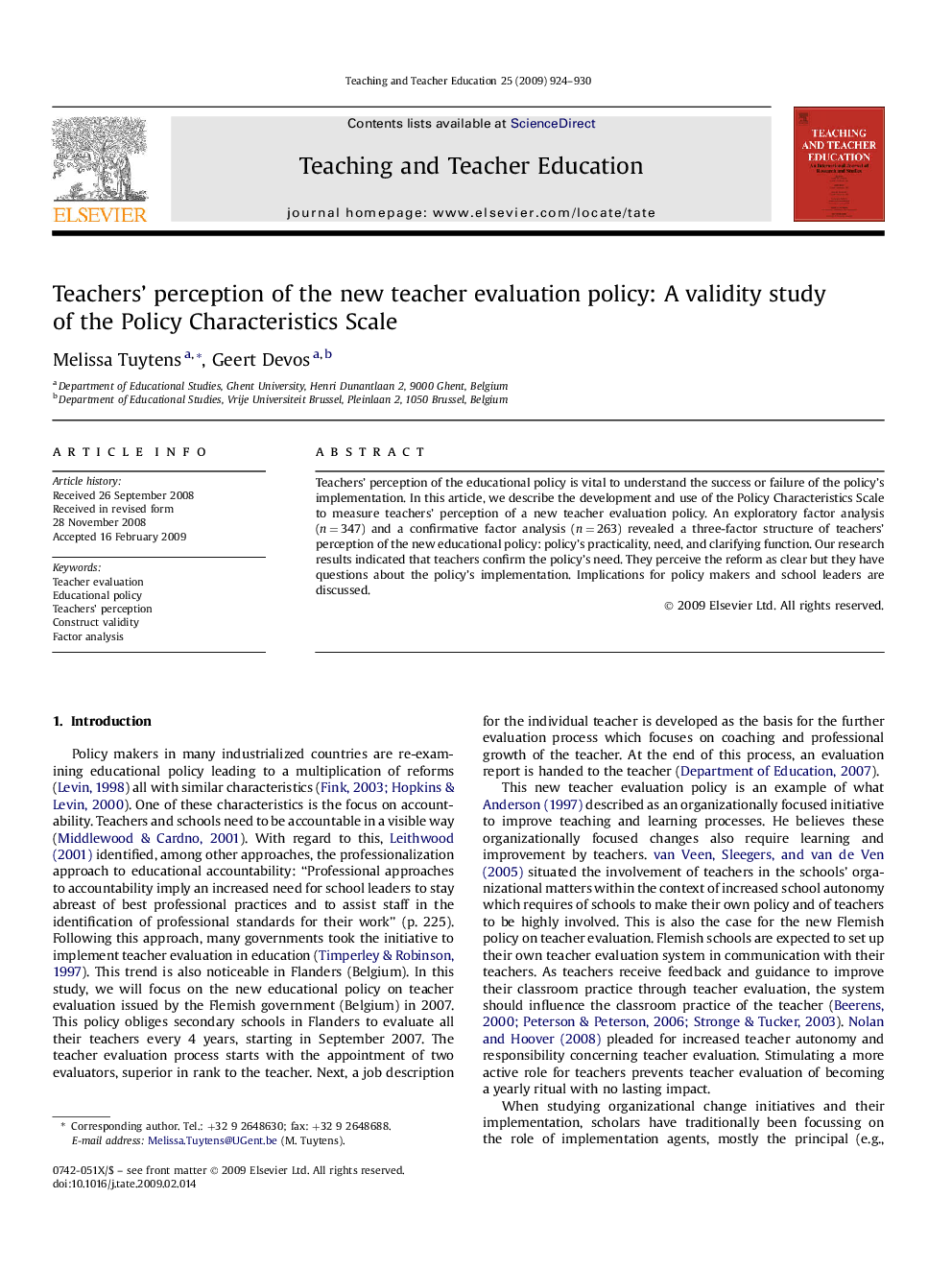 Teachers' perception of the new teacher evaluation policy: A validity study of the Policy Characteristics Scale