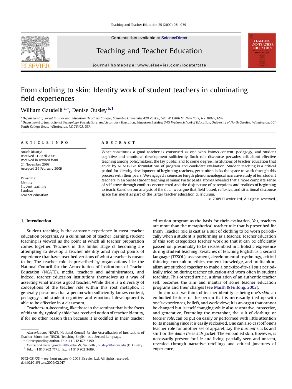 عکس صفحه اول مقاله: From clothing to skin: Identity work of student teachers in culminatingfield experiences From clothing to skin: Identity work of student teachers in culminatingfield experiences