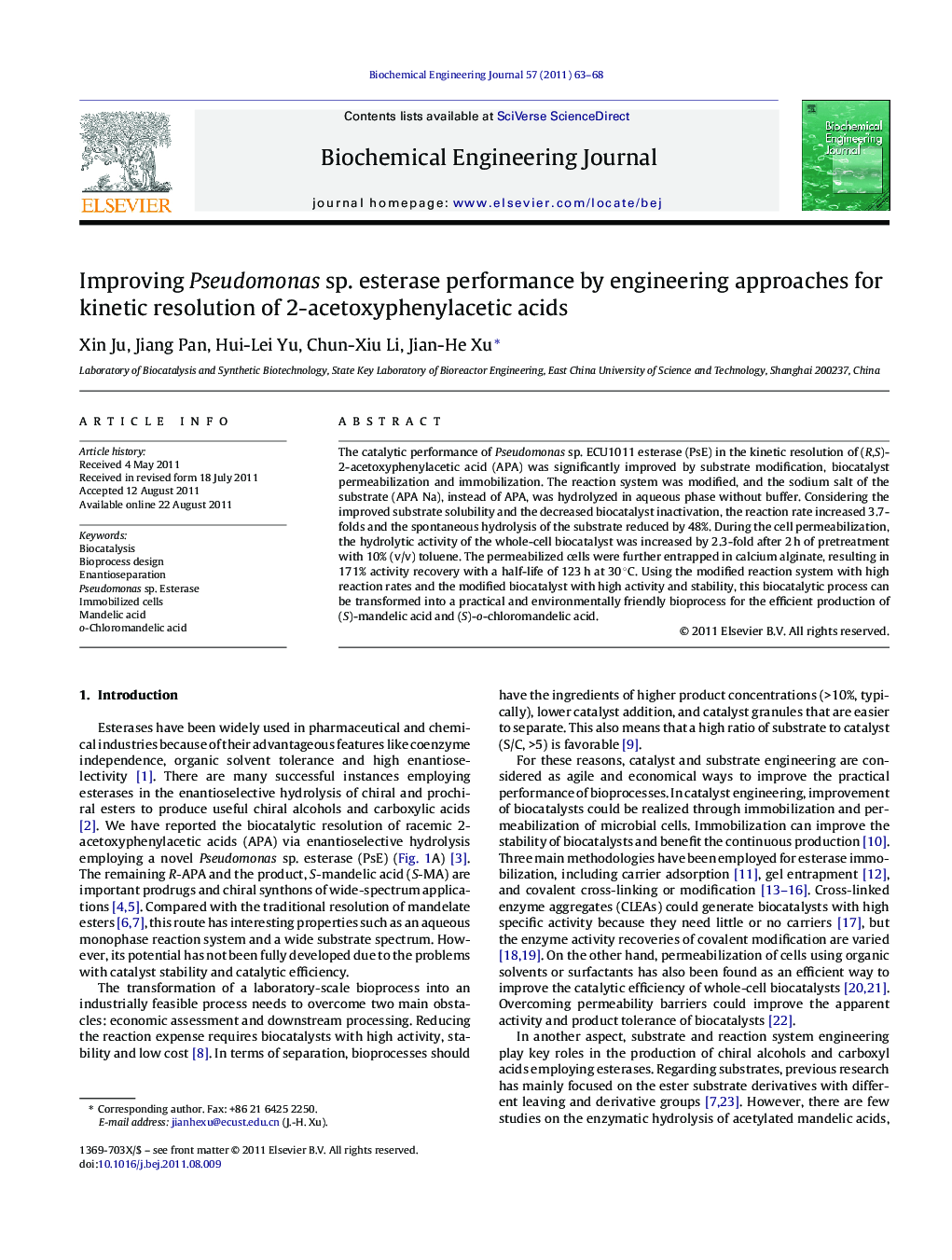 Improving Pseudomonas sp. esterase performance by engineering approaches for kinetic resolution of 2-acetoxyphenylacetic acids