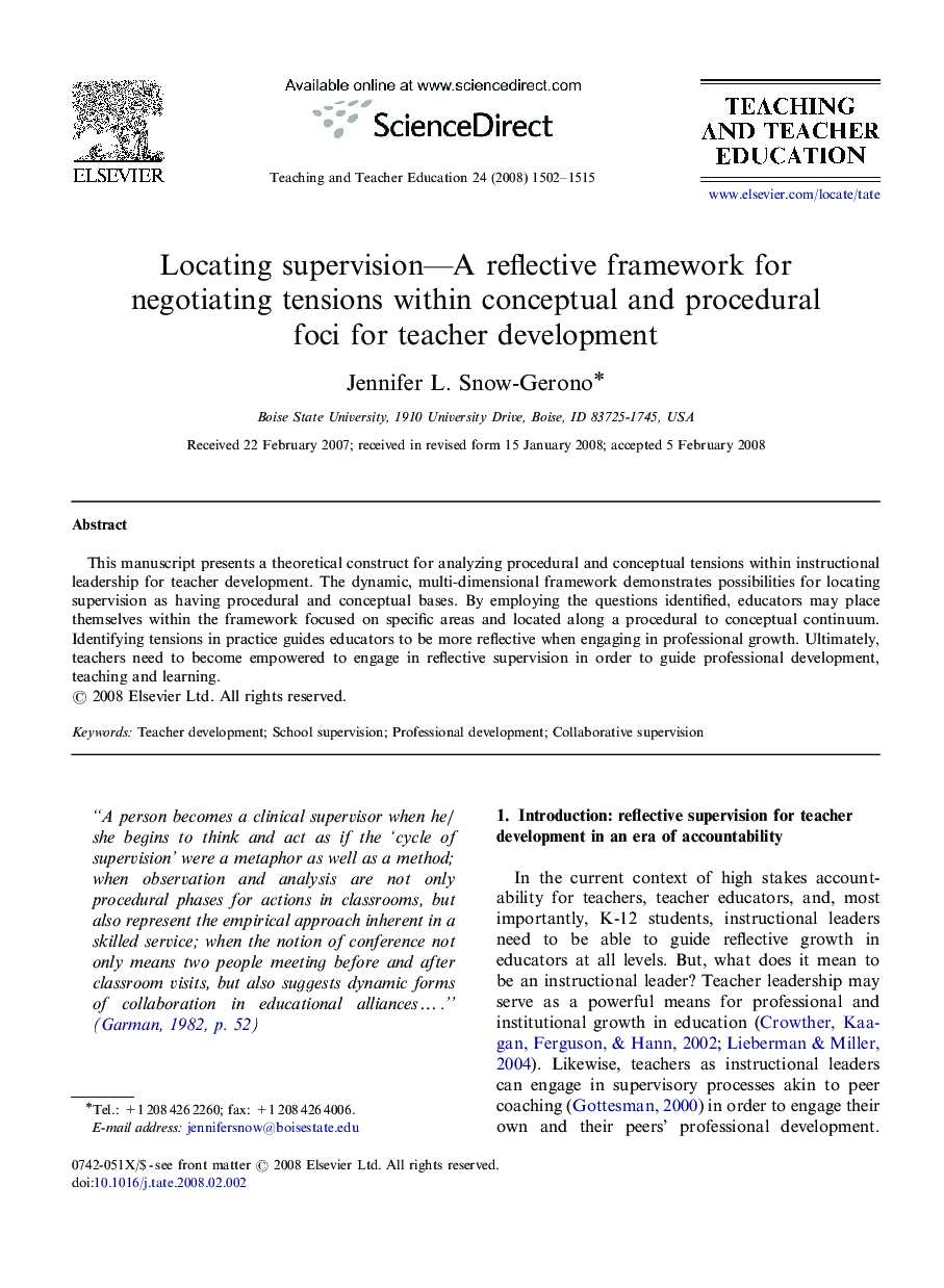 Locating supervision—A reflective framework for negotiating tensions within conceptual and procedural foci for teacher development