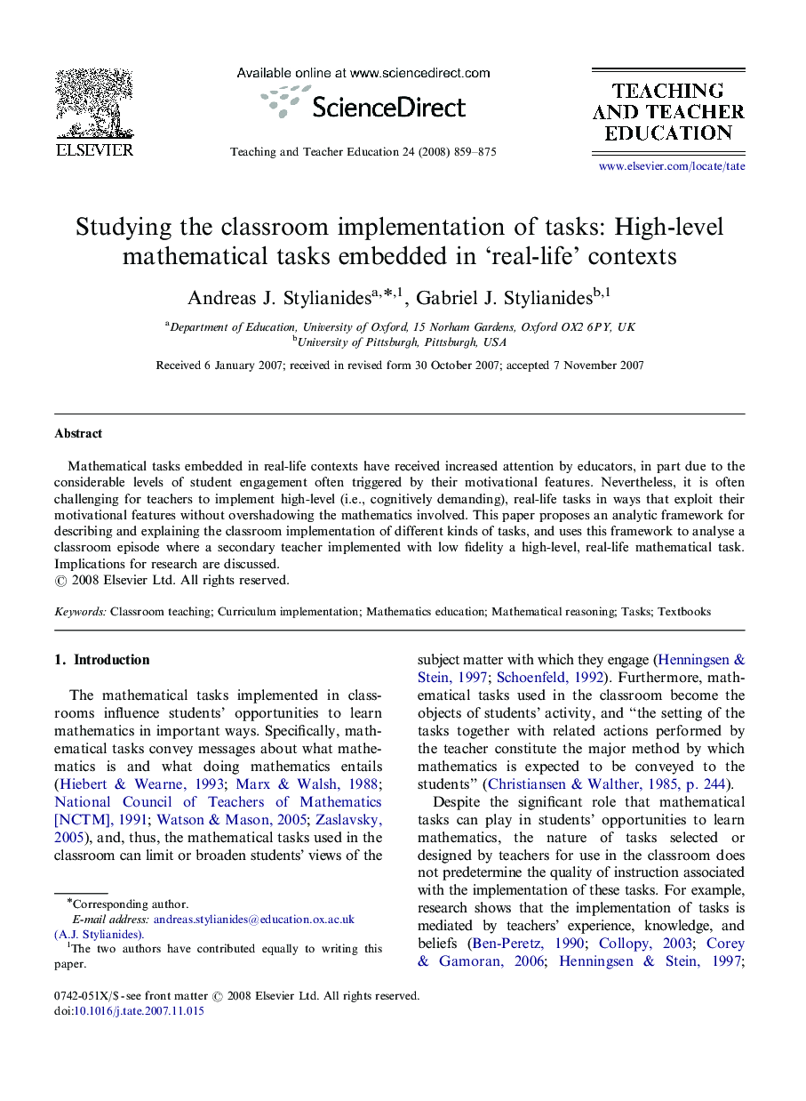 Studying the classroom implementation of tasks: High-level mathematical tasks embedded in ‘real-life’ contexts