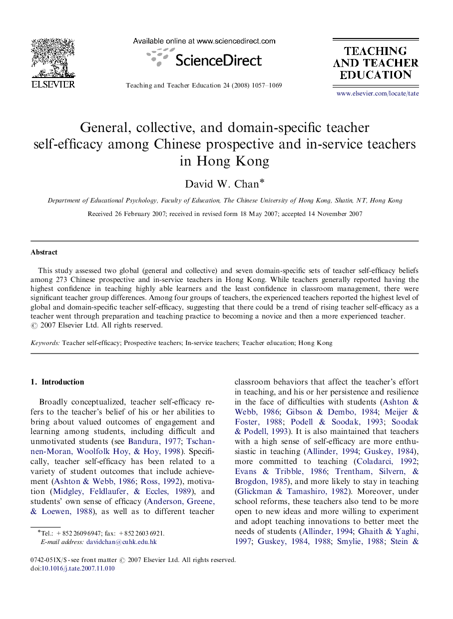 General, collective, and domain-specific teacher self-efficacy among Chinese prospective and in-service teachers in Hong Kong