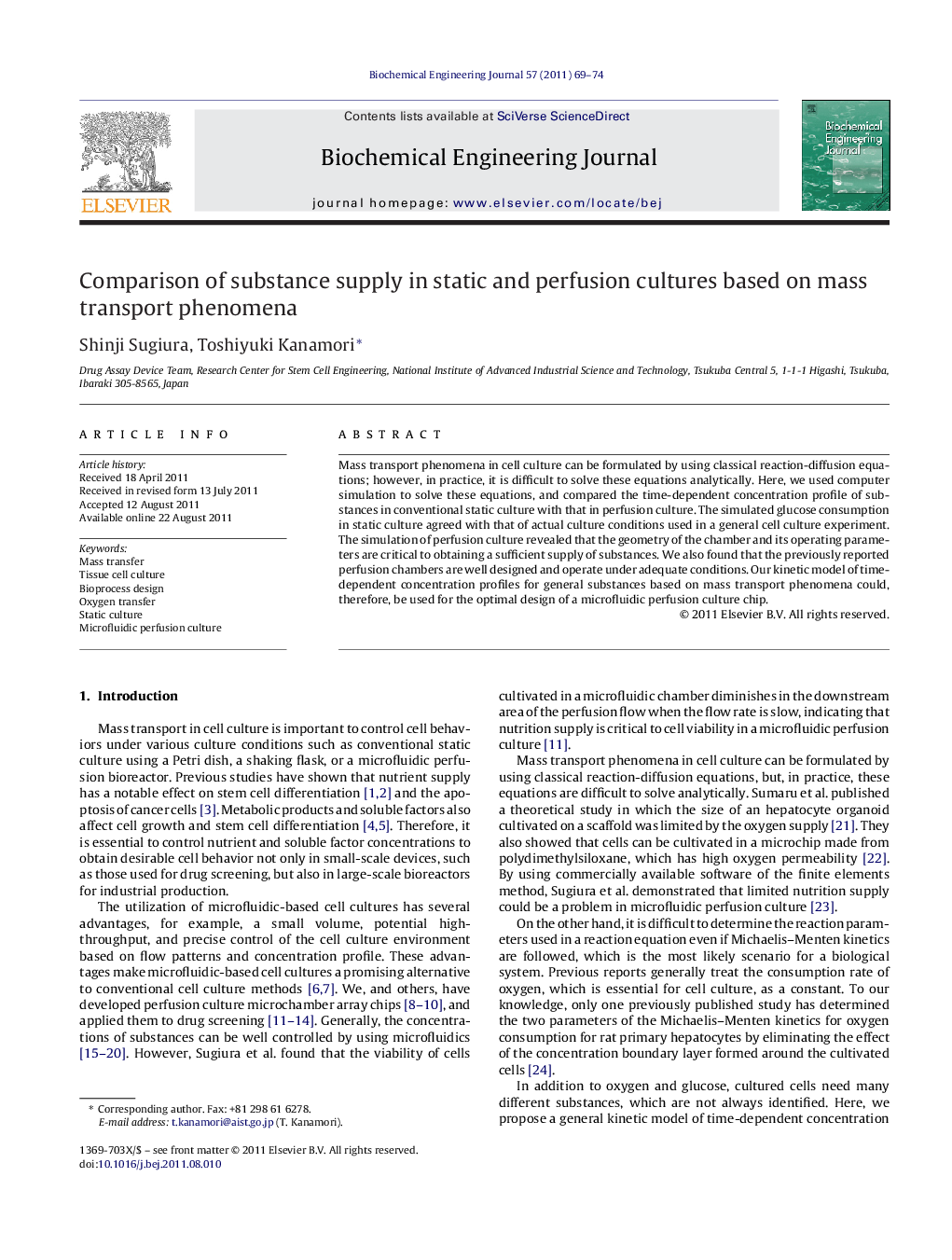 Comparison of substance supply in static and perfusion cultures based on mass transport phenomena