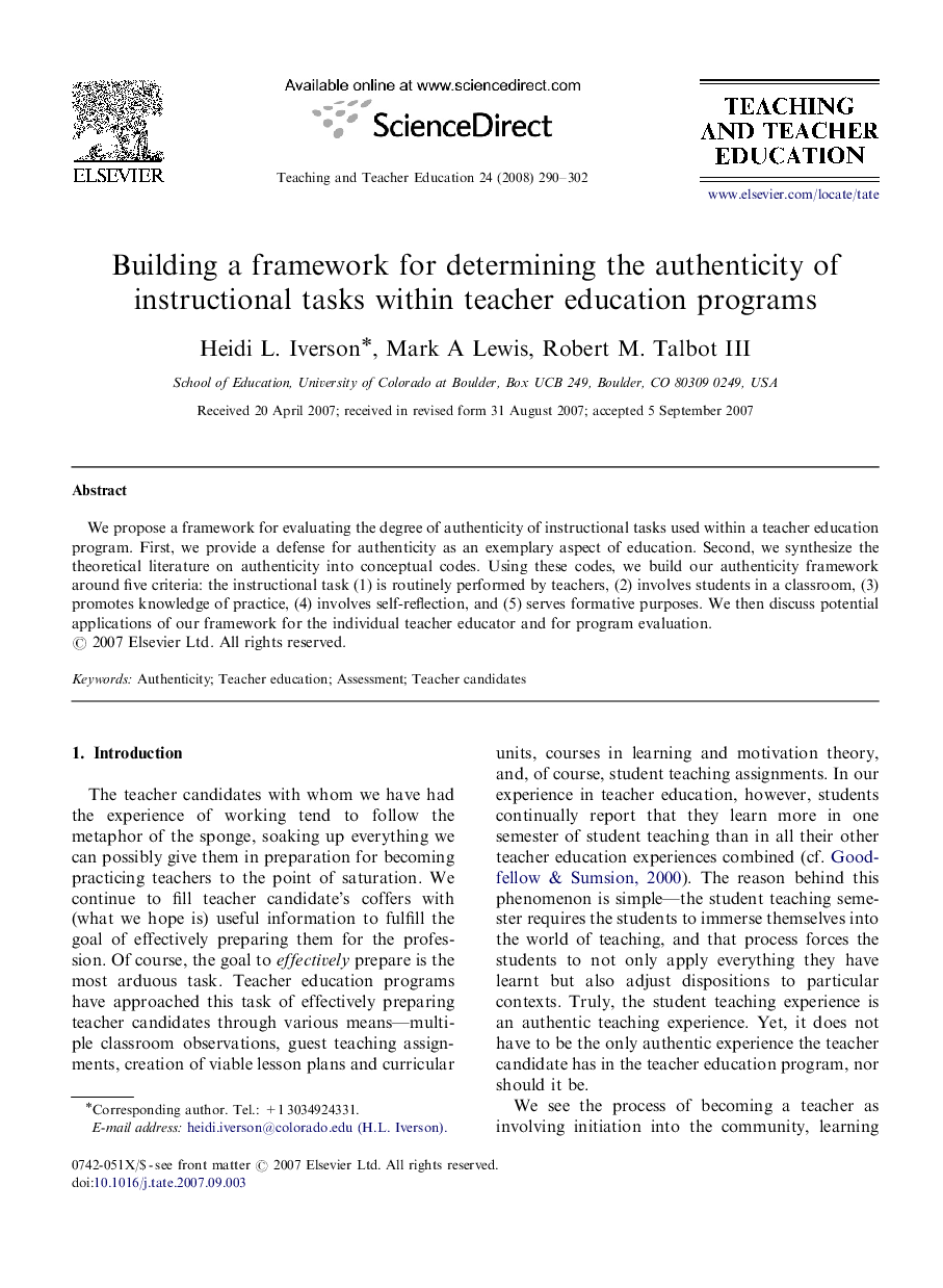 Building a framework for determining the authenticity of instructional tasks within teacher education programs