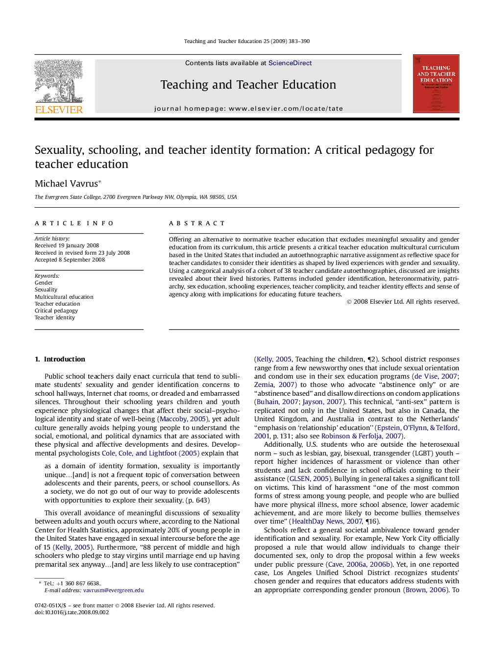 Sexuality, schooling, and teacher identity formation: A critical pedagogy for teacher education