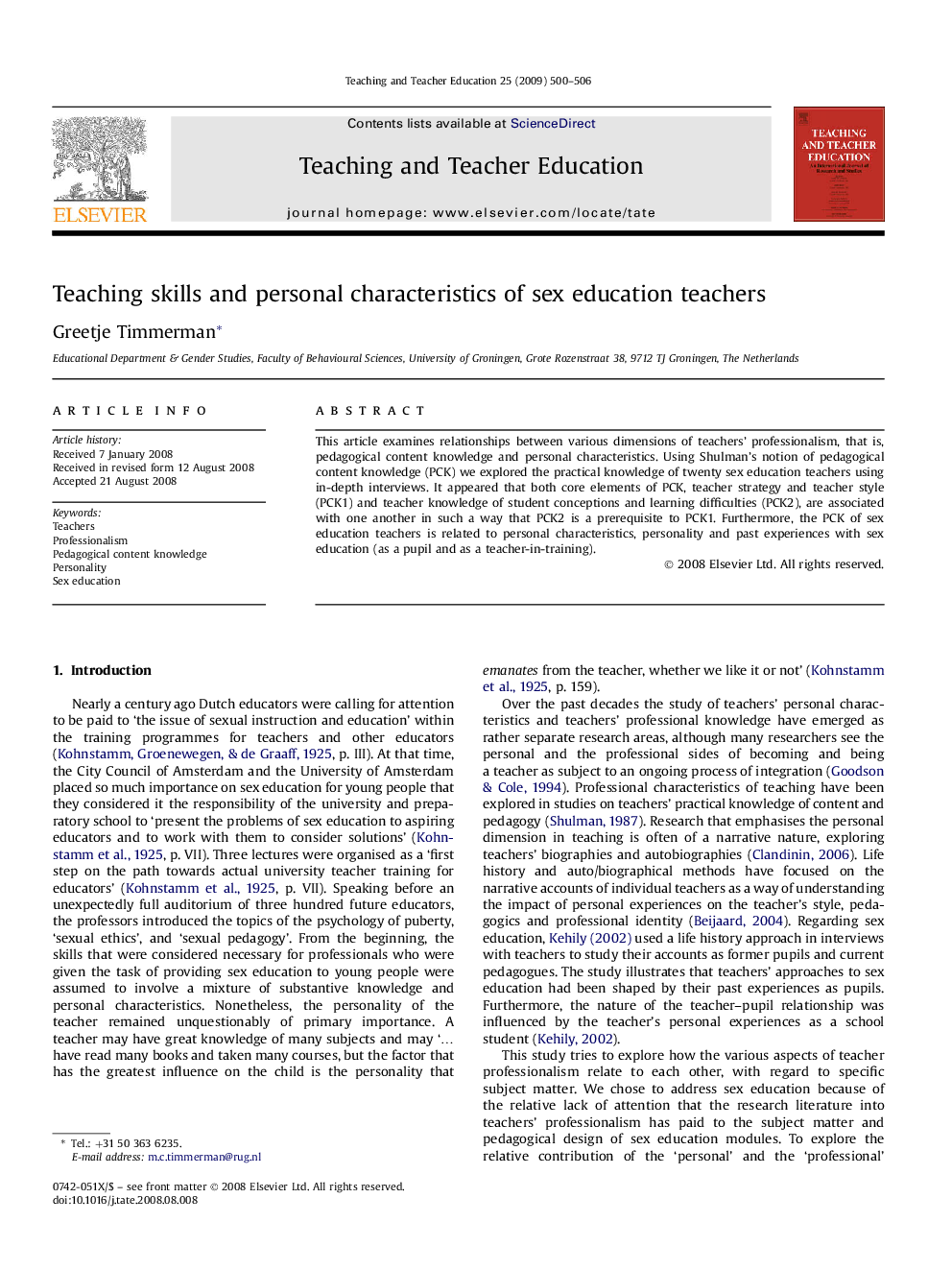 Teaching skills and personal characteristics of sex education teachers