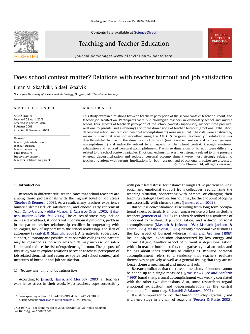 Does school context matter? Relations with teacher burnout and job satisfaction