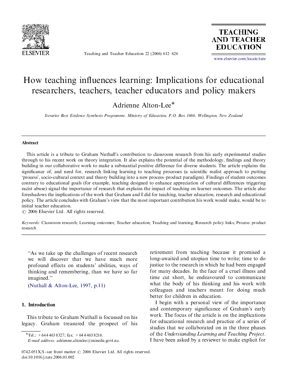 How teaching influences learning: Implications for educational researchers, teachers, teacher educators and policy makers