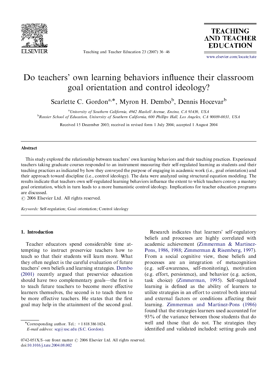 Do teachers’ own learning behaviors influence their classroom goal orientation and control ideology?