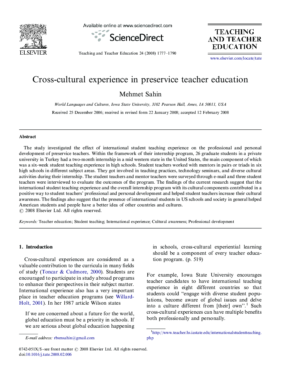 Cross-cultural experience in preservice teacher education
