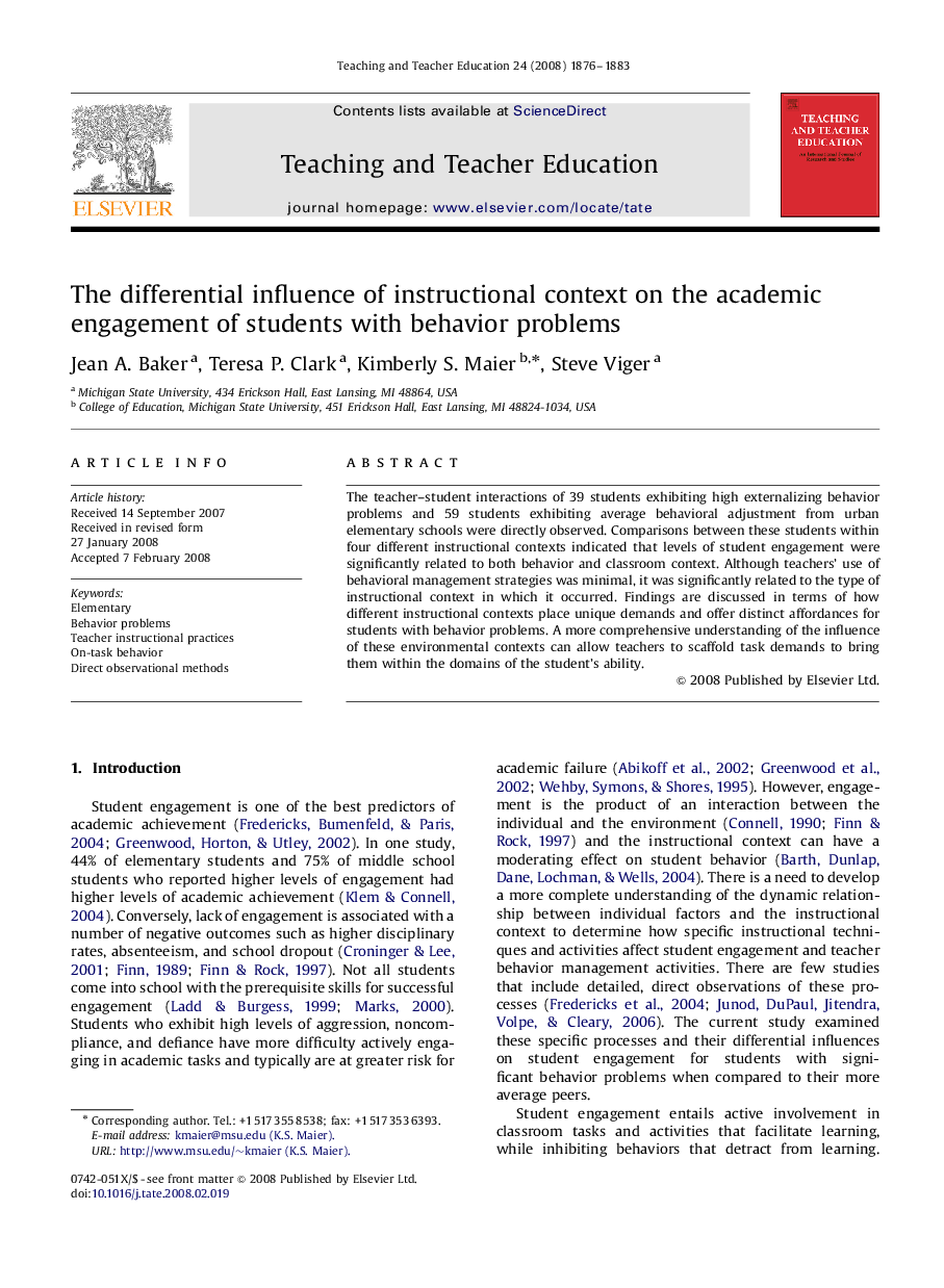 عکس صفحه اول مقاله: The differential influence of instructional context on the academic engagement of students with behavior problems The differential influence of instructional context on the academic engagement of students with behavior problems