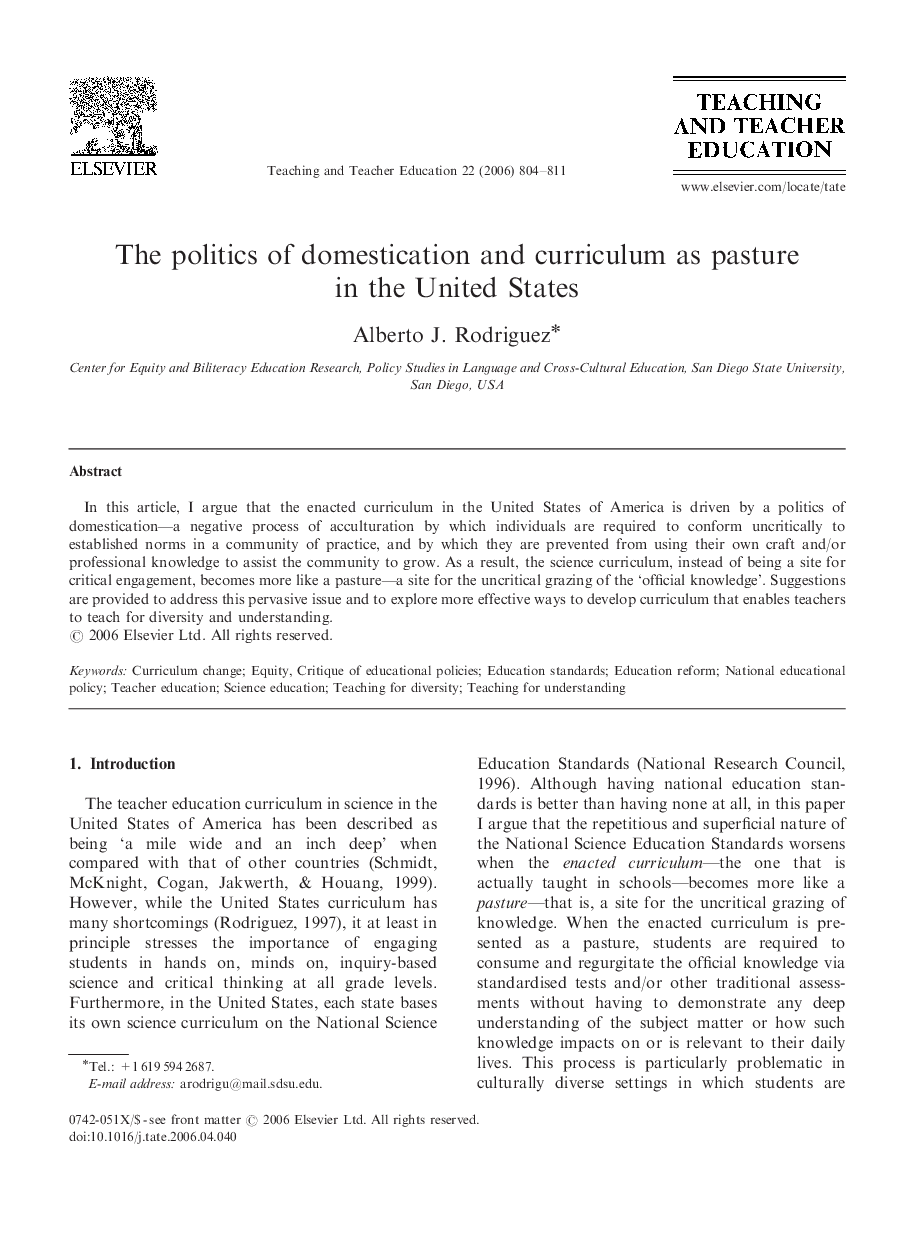 The politics of domestication and curriculum as pasture in the United States