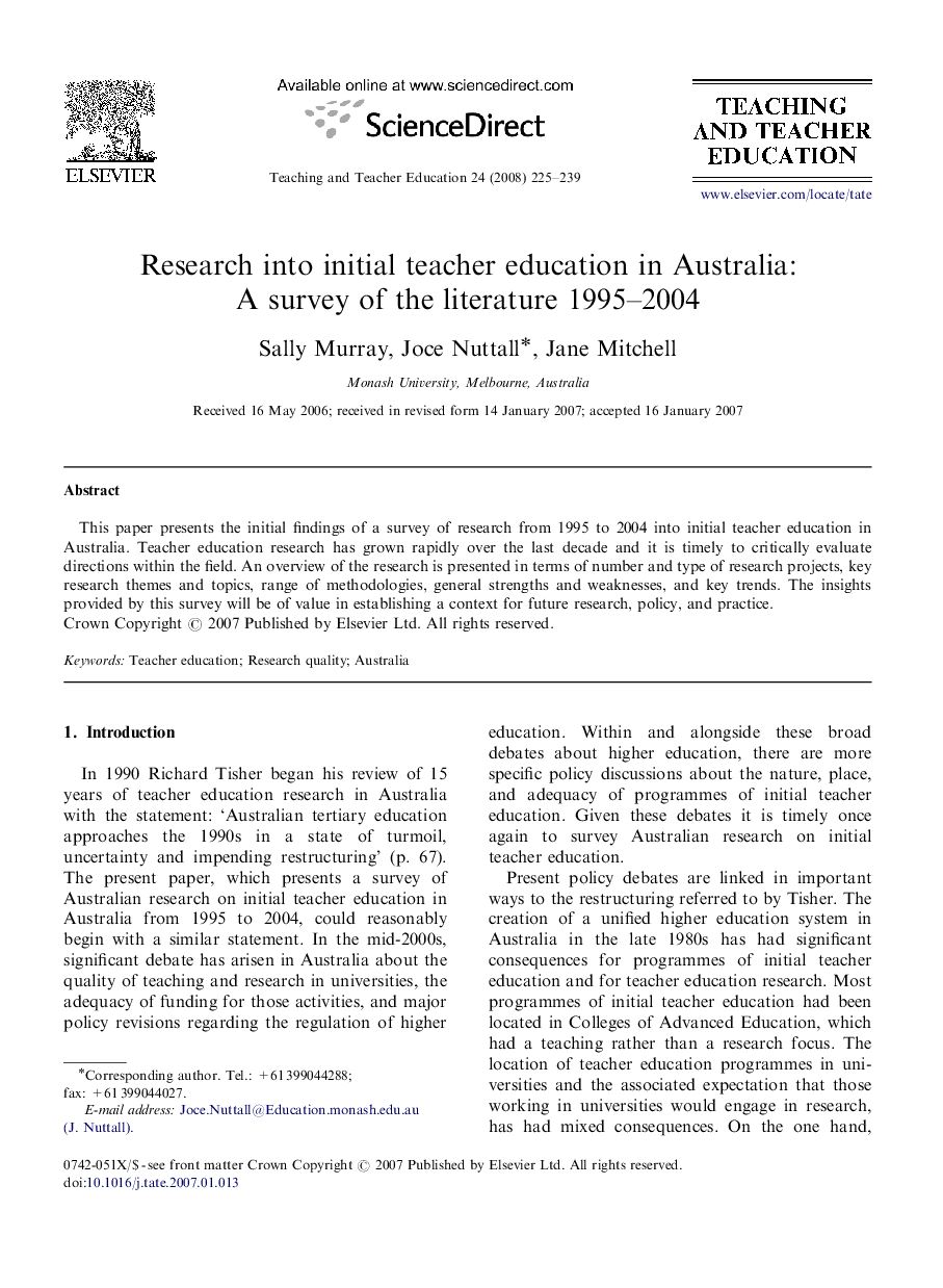 Research into initial teacher education in Australia: A survey of the literature 1995–2004