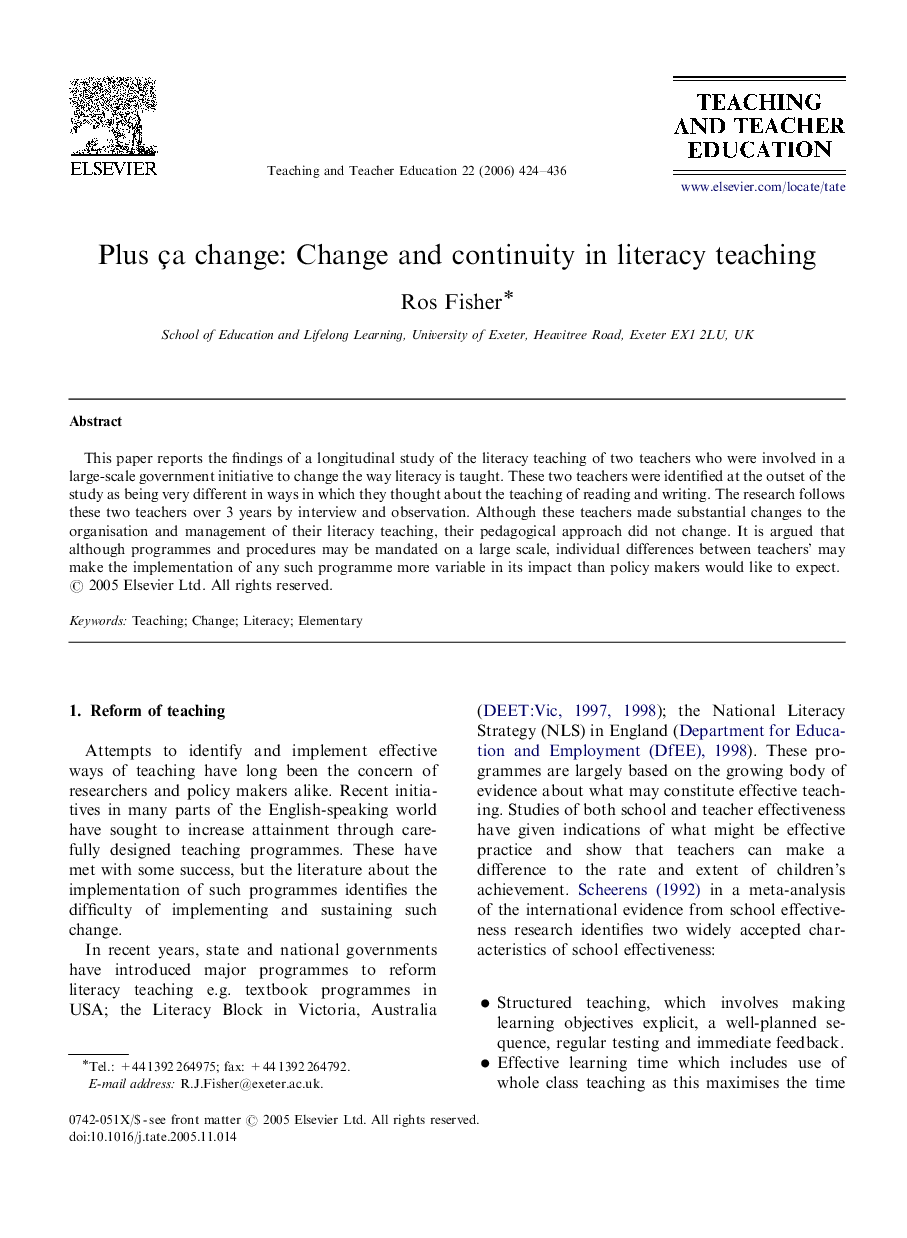 Plus ça change: Change and continuity in literacy teaching