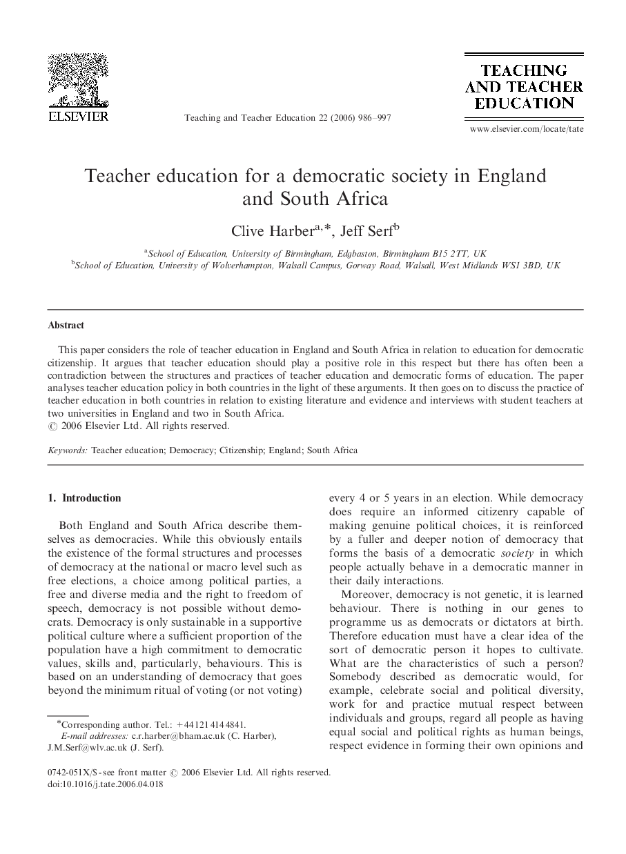 Teacher education for a democratic society in England and South Africa