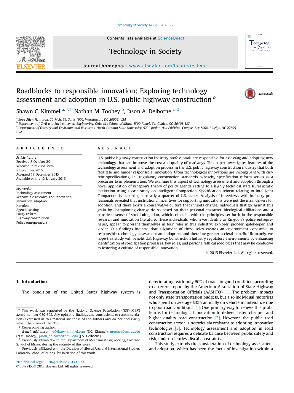 Roadblocks to responsible innovation: Exploring technology assessment and adoption in U.S. public highway construction 