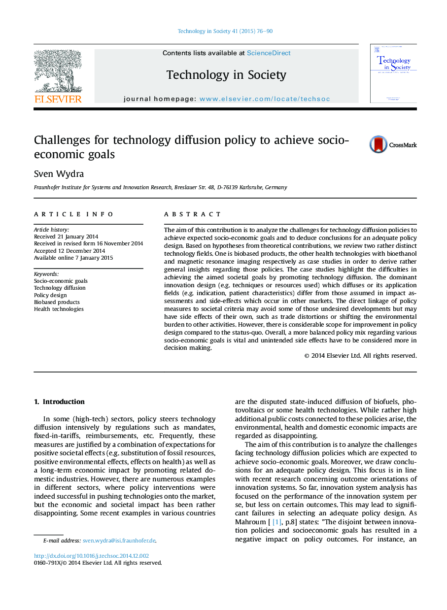 Challenges for technology diffusion policy to achieve socio-economic goals