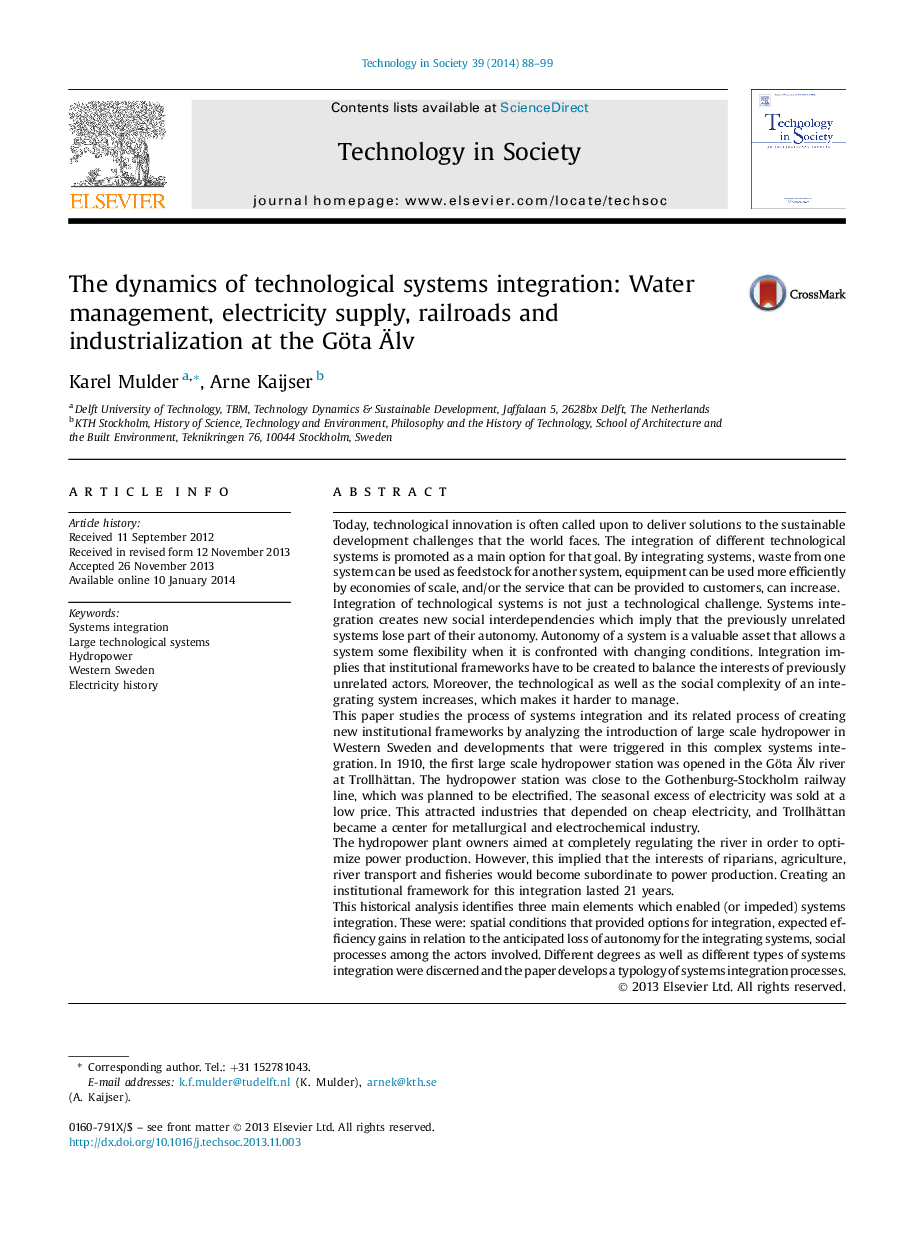 The dynamics of technological systems integration: Water management, electricity supply, railroads and industrialization at the Göta Älv
