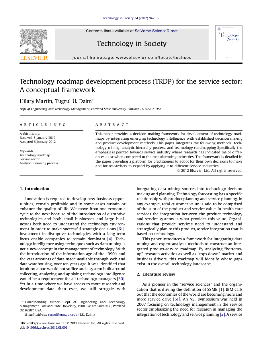 Technology roadmap development process (TRDP) for the service sector: A conceptual framework