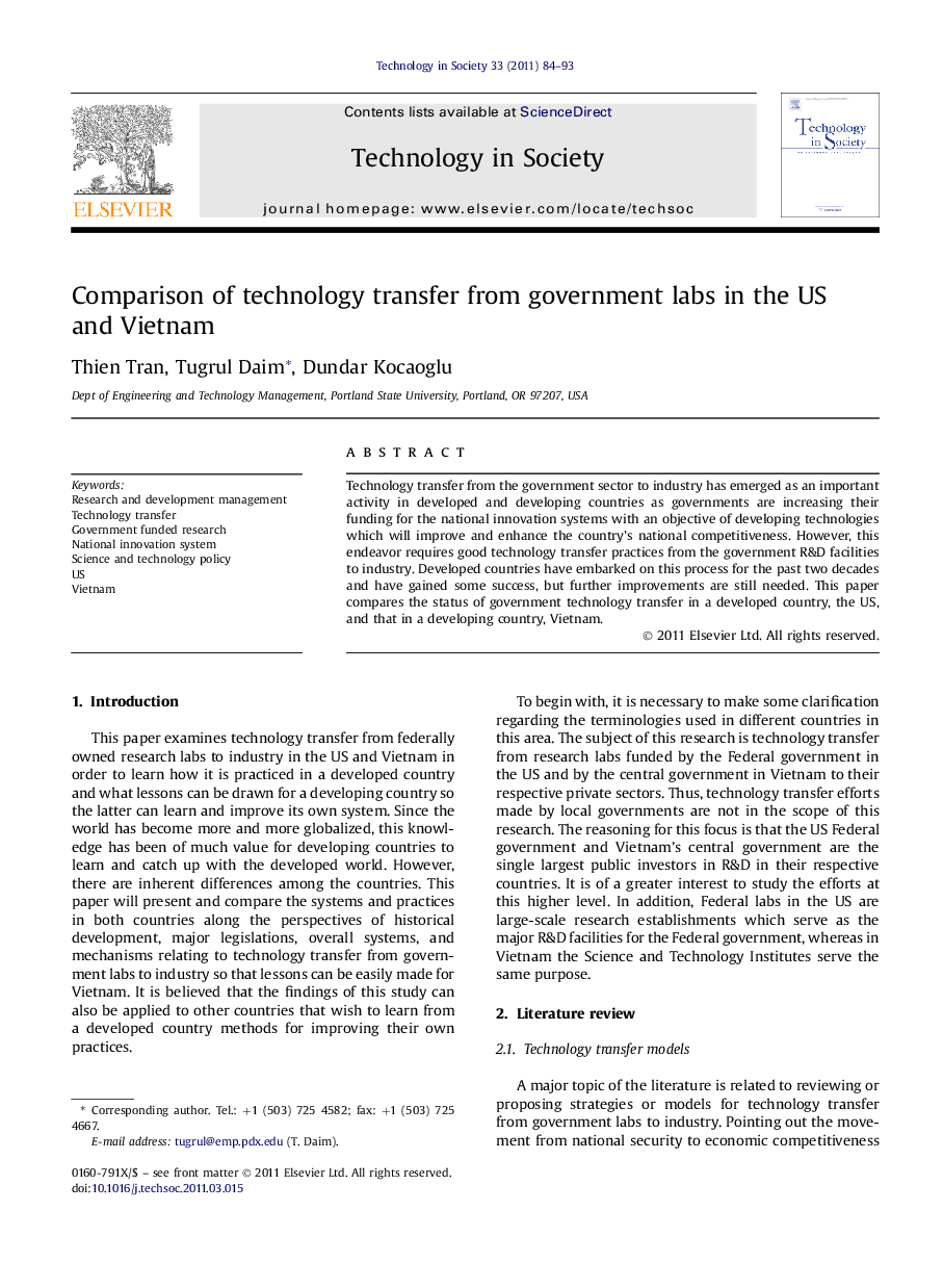 Comparison of technology transfer from government labs in the US and Vietnam