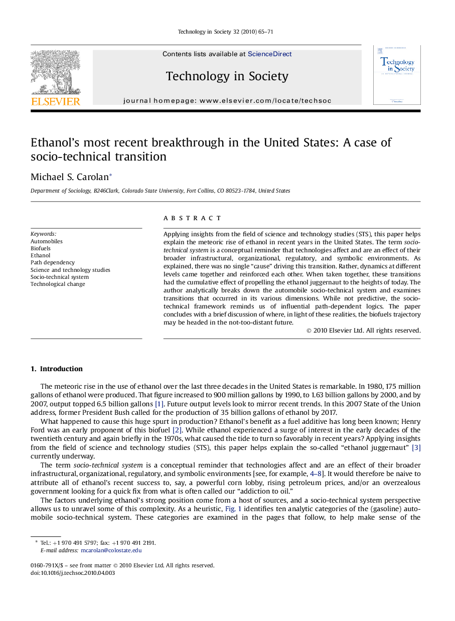 Ethanol’s most recent breakthrough in the United States: A case of socio-technical transition