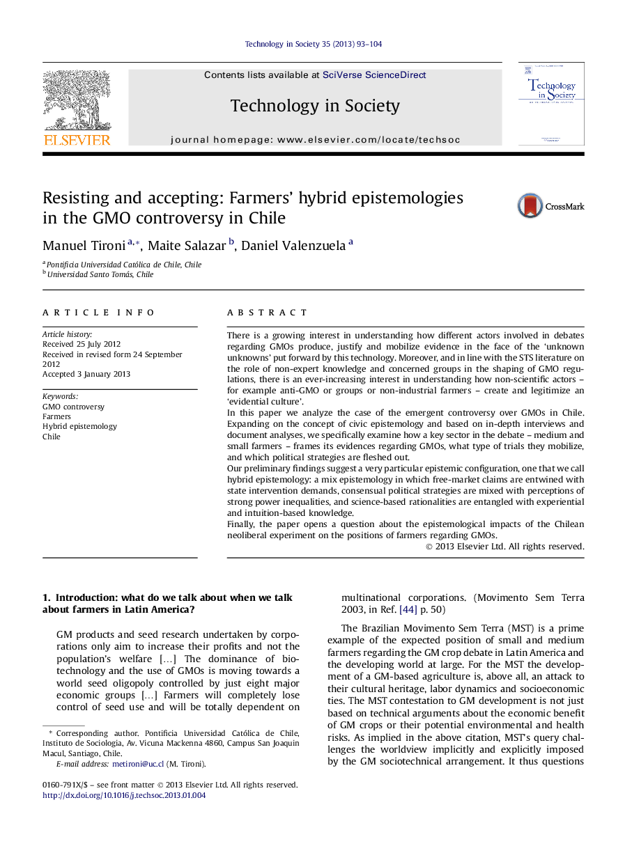 Resisting and accepting: Farmers' hybrid epistemologies in the GMO controversy in Chile