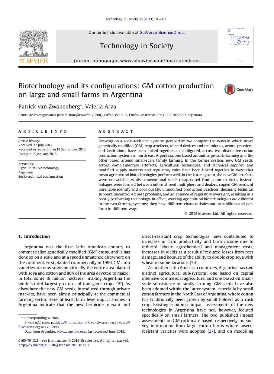 Biotechnology and its configurations: GM cotton production on large and small farms in Argentina