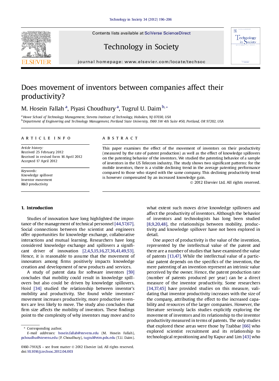 Does movement of inventors between companies affect their productivity?